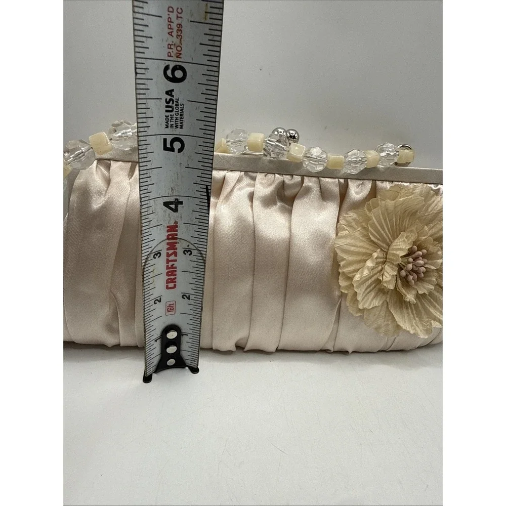 Vintage Champagne Satin Pleated Evening Clutch with Beaded Strap By Sasha NY